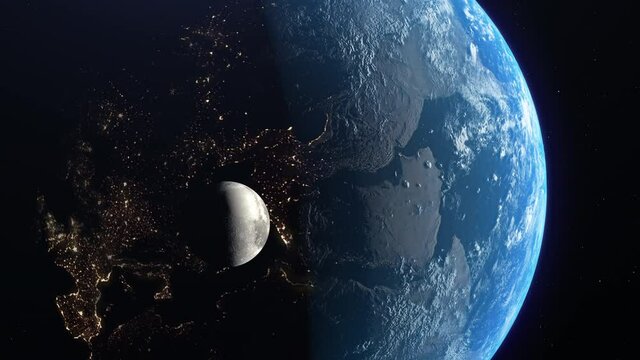 Moon over the lights of Europe as seen from space. Design elements is from NASA public domain earth and lunar maps.