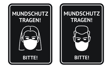 Warning shield in German about wearing protective face mask during corona virus pandemic. Mundschutz tragen! Bitte! Please wear face mask! Suitable for cafes, stores, barbershops.