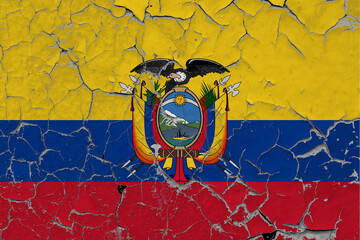 Ecuador flag close up grungy, damaged and scratched on wall peeling off paint to see inside surface. Vintage National Concept.