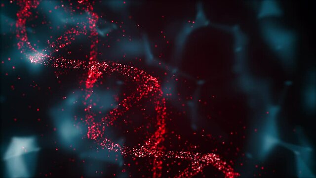 Abstract glowing red DNA rotating in dark epidemic environment.
