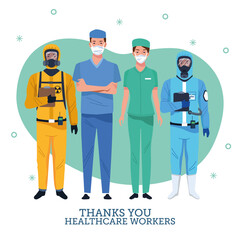 Obraz na płótnie Canvas group of healthcare workers characters with thank you message