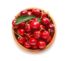 Bowl with sweet cherry on white background