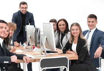 project Manager and business team at an office meeting.