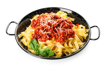 Frying pan with tasty pasta bolognese on white background