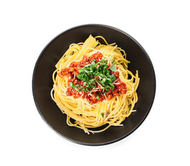 Plate with tasty pasta bolognese on white background