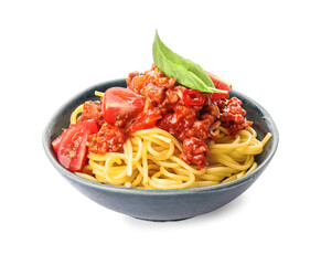 Plate with tasty pasta bolognese on white background