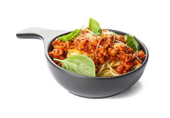 Frying pan with tasty pasta bolognese on white background