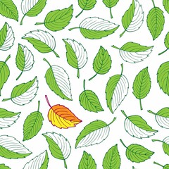 Vector seamless pattern with Green leaves and one red leaf. early autumn. Summer or Autumn Seamless pattern. Hand drawn illustration. For packaging, wrapping, wallpaper, fabric, party decor, scrap
