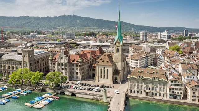 Panorama of old town Zurich, Switzerland. Aerial view, time lapse video.
