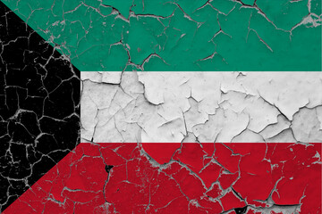 Kuwait flag close up grungy, damaged and scratched on wall peeling off paint to see inside surface. Vintage National Concept.
