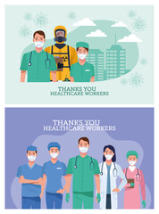 group of healthcare workers characters with thank you message
