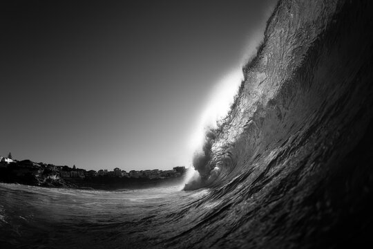 Black and white photo of a breaking wave Sydney Australia