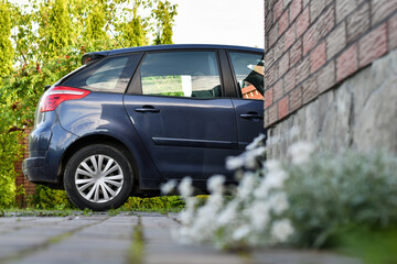 Back part of a car parked near the garage on the background of garden. Selective focus,