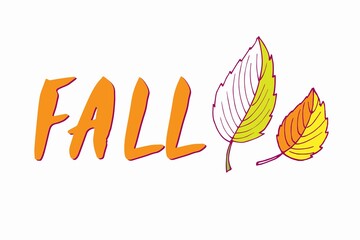 Red Fall lettering with two fall leaves. Hand drawn vector sketch. Floral Herb Design elements. For logo, scrapbooking, party design, invitation, greeting card, blog, poster 