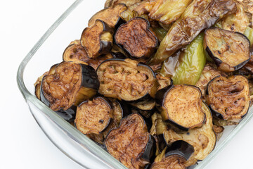 Turkish Food Fried, Aubergine or Eggplant Slices and potatoes on the glass plate.
