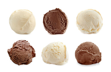 Set with scoops of different ice creams on white background