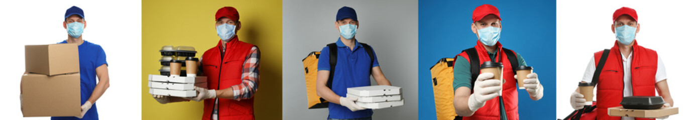 Collage with photos of courier in protective mask holding orders and boxes on color backgrounds, banner design. Delivery service during coronavirus quarantine