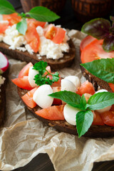 Variety of bruschetta sandwiches. Mix bruschetta with mozarella, tomato, basil