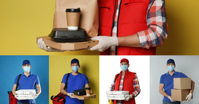 Collage with photos of courier in protective mask holding orders and boxes on color backgrounds, banner design. Delivery service during coronavirus quarantine