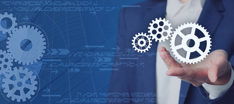 Businesswoman demonstrating gear mechanism on blue background, closeup. Banner design
