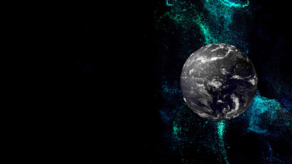Bursts of particles in space around 3d render cold far planet in darkness.