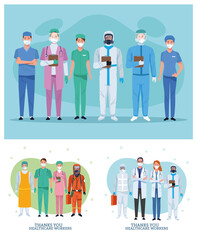 group of healthcare workers characters with thank you message