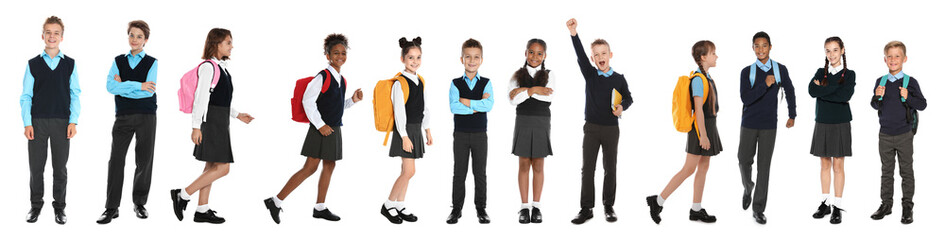 Children in school uniforms on white background. Banner design