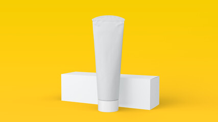 Single toothpaste mockup on yellow background. 3D Rendering.