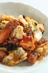 Korean food, chicken and cabbage stir fried with gochujang