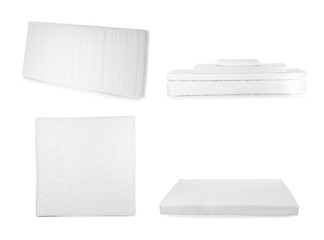 Set with modern comfortable mattresses on white background