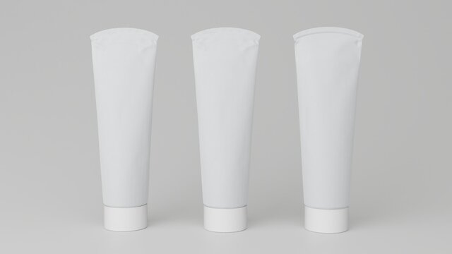 Triple toothpaste mockup on white background. 3D Rendering.