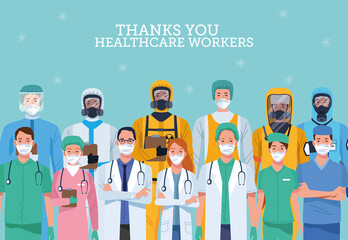group of healthcare workers characters with thank you message