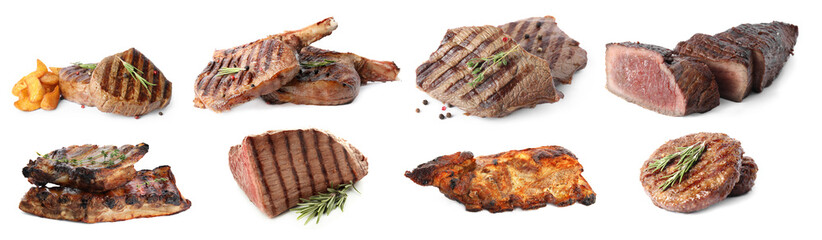Set with different delicious grilled meat on white background, banner design