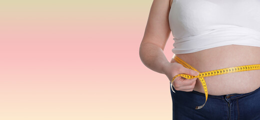 Closeup view of overweight woman with measuring tape on color background, space for text. Banner design