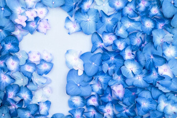 Silhouette of a cross of blue hydrangea flowers. Concept of the Easter holiday, rebirth and faith. religious spiritual banner.