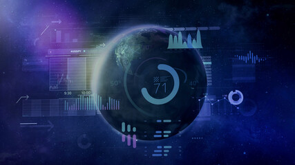 Arrays of analytic infographic on the background of the planet.