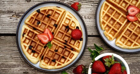 Homemade Chocolate chip waffles with strawberries