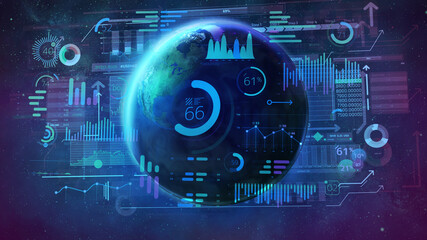 A planet surrounded by statistical infographic data.