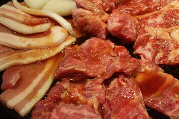 beef and pork on Korean barbecue for grill