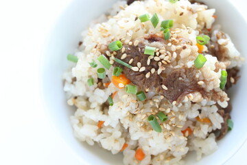 Japanese food, beff and carrot mixed rice with sesame and spring onion