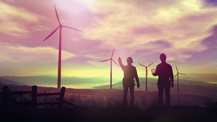 Fototapeta na wymiar Silhouettes of engineers watching wind farms at sunset.