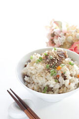 Japanese food, beff and carrot mixed rice with sesame and spring onion