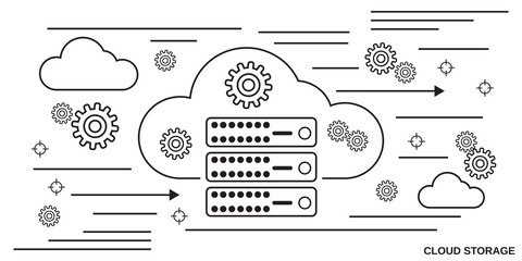 Cloud storage, data processing, remote server thin line art style vector illustration