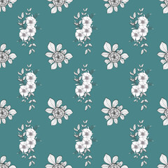 floral seamless pattern with sakura, leaves, flowers on blue background