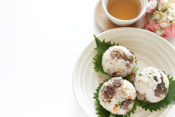 Japanese food, homemade beef and shiso rice ball for comfort food