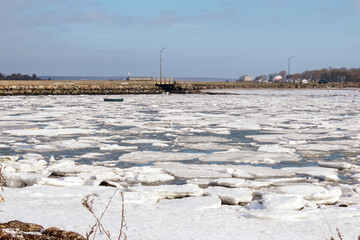 Ice floes filling bay off West Island