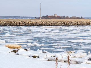Icy water off West Island causeway