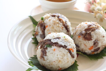 Japanese food, homemade beef and shiso rice ball for comfort food