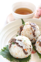 Japanese food, homemade beef and shiso rice ball for comfort food