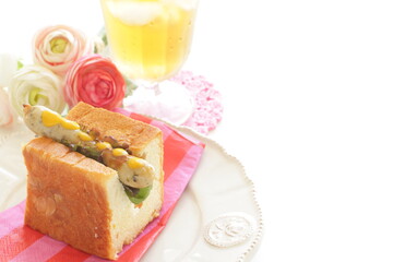 Homemade sausage and mustard sauce hot dog sandwich 